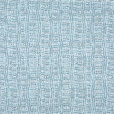 Detail of fabric in a playful curvy grid print in blue and gray on a white field.