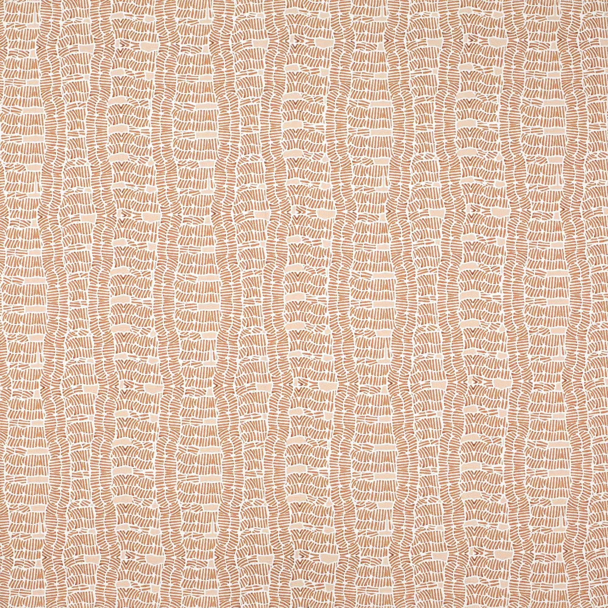 Detail of fabric in a playful curvy grid print in peach on a white field.