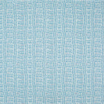 Detail of fabric in a playful curvy grid print in blue on a white field.