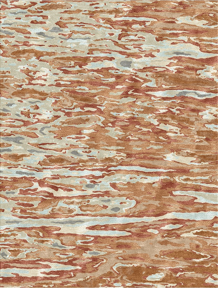 Handknotted rug in an abstract watercolor design in shades of orange, cream and grey.