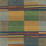 Handknotted rug sample in a complex broken stripe design in blue, green, yellow, grey and tan. 