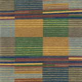 Handknotted rug sample in a complex broken stripe design in blue, green, yellow, grey and tan. 