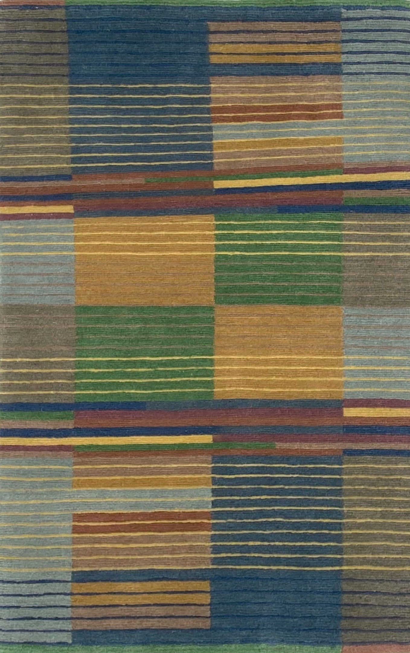 Handknotted rug sample in a complex broken stripe design in blue, green, yellow, grey and tan. 