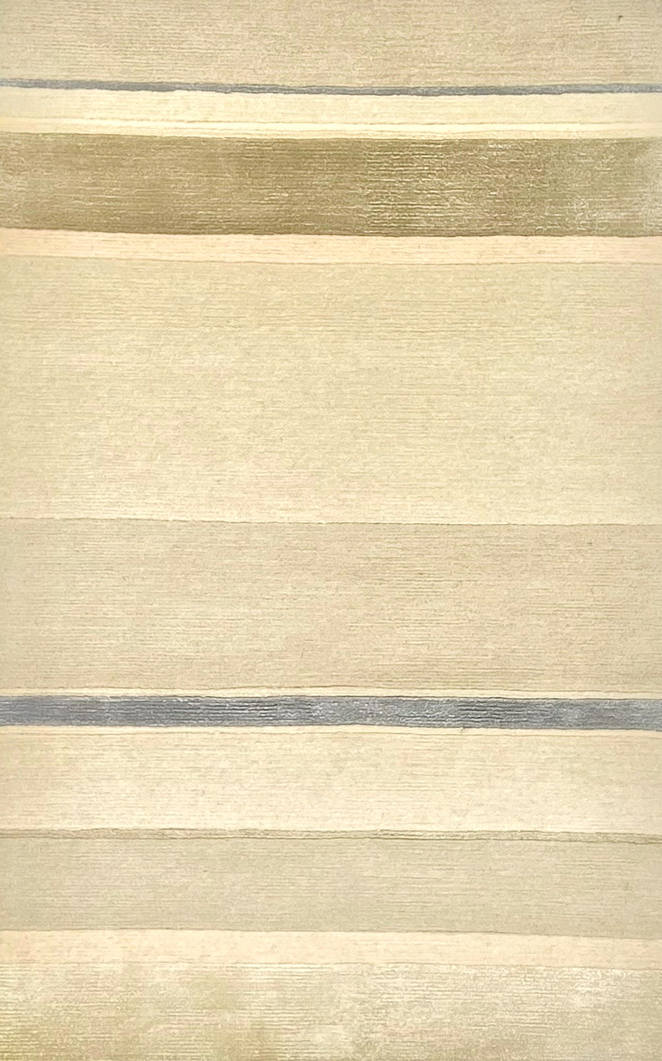 Handknoted rug in a multi width silk stripe in shades of cream with silver and taupe accents.