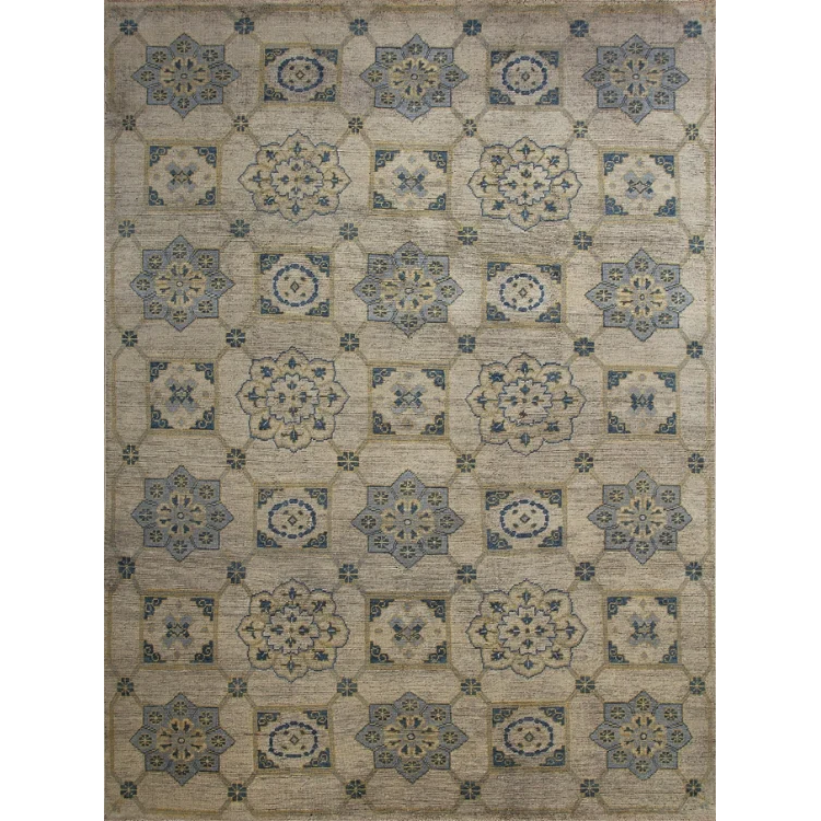 Patterned rug with geometric design on a plain background