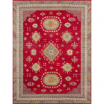 Decorative red rug with geometric patterns on a plain background
