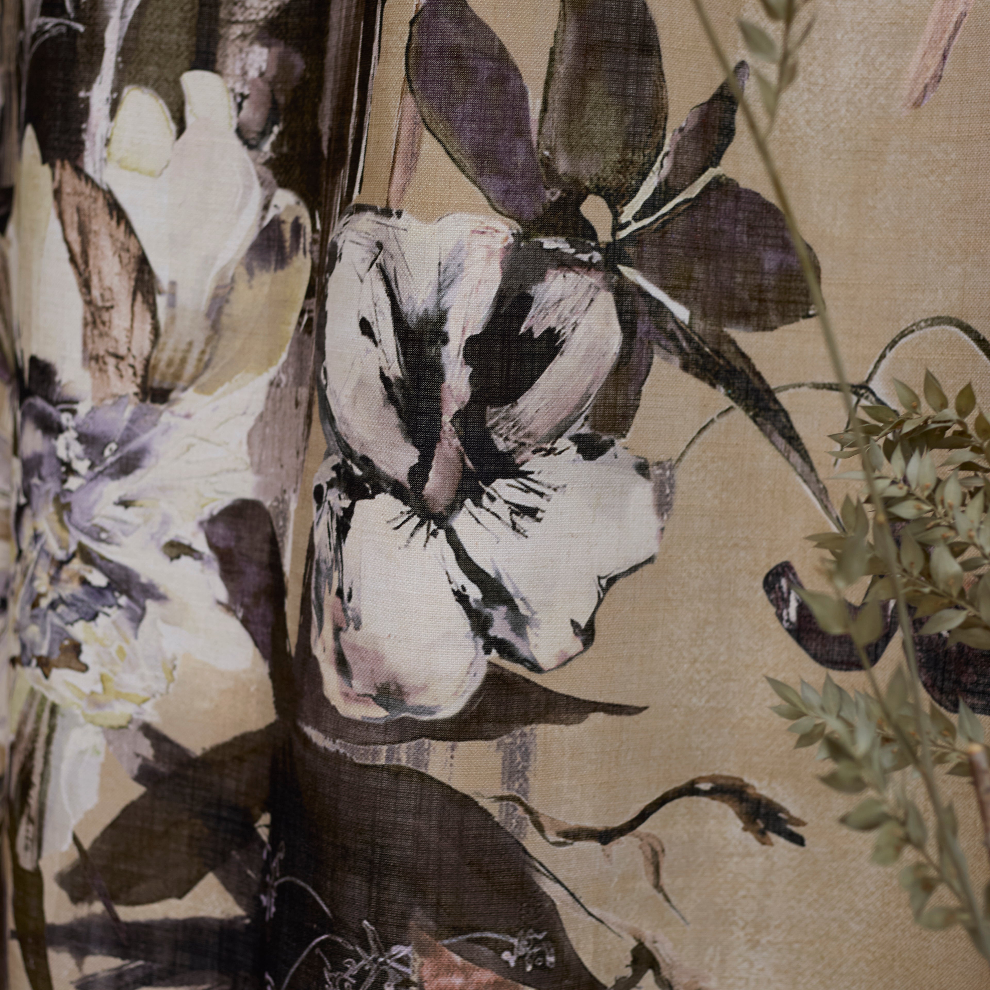 Detail of a watercolor floral mural in black and white on a sepia field 