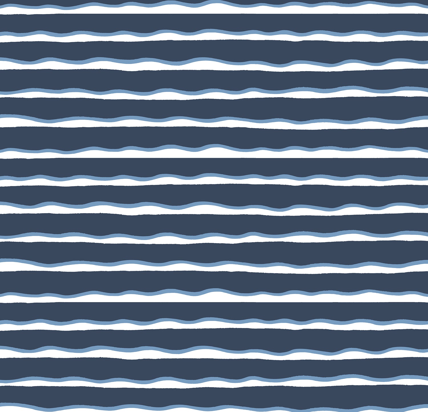 Detail of fabric in an undulating stripe pattern in blue and white on a navy field.