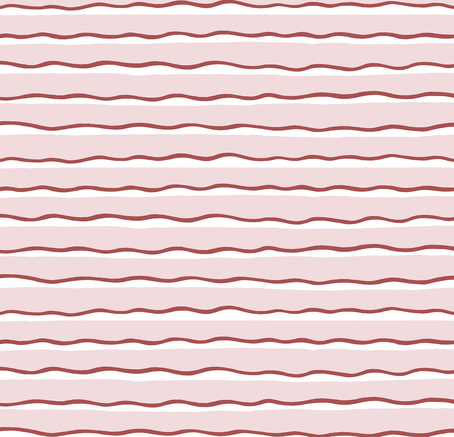 Detail of fabric in an undulating stripe pattern in red and white on a pink field.