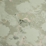 Detail of wallpaper in a dense photorealistic floral print in shades of gray and pastel green.