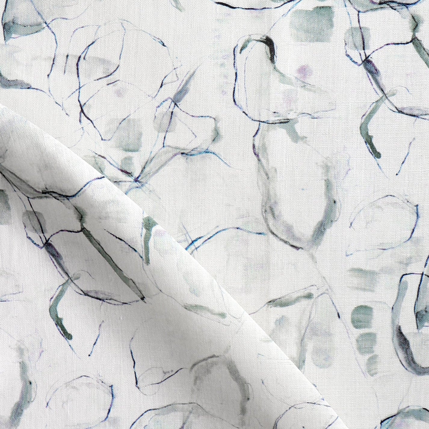 Detail of draped fabric in a watercolor painterly print in shades of gray, purple and cream.