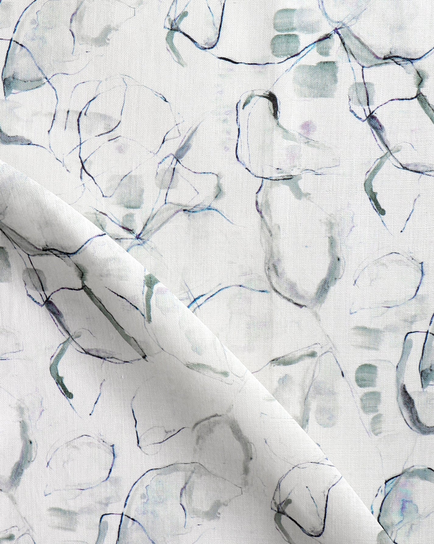 Detail of draped fabric in a watercolor painterly print in shades of gray, purple and cream.