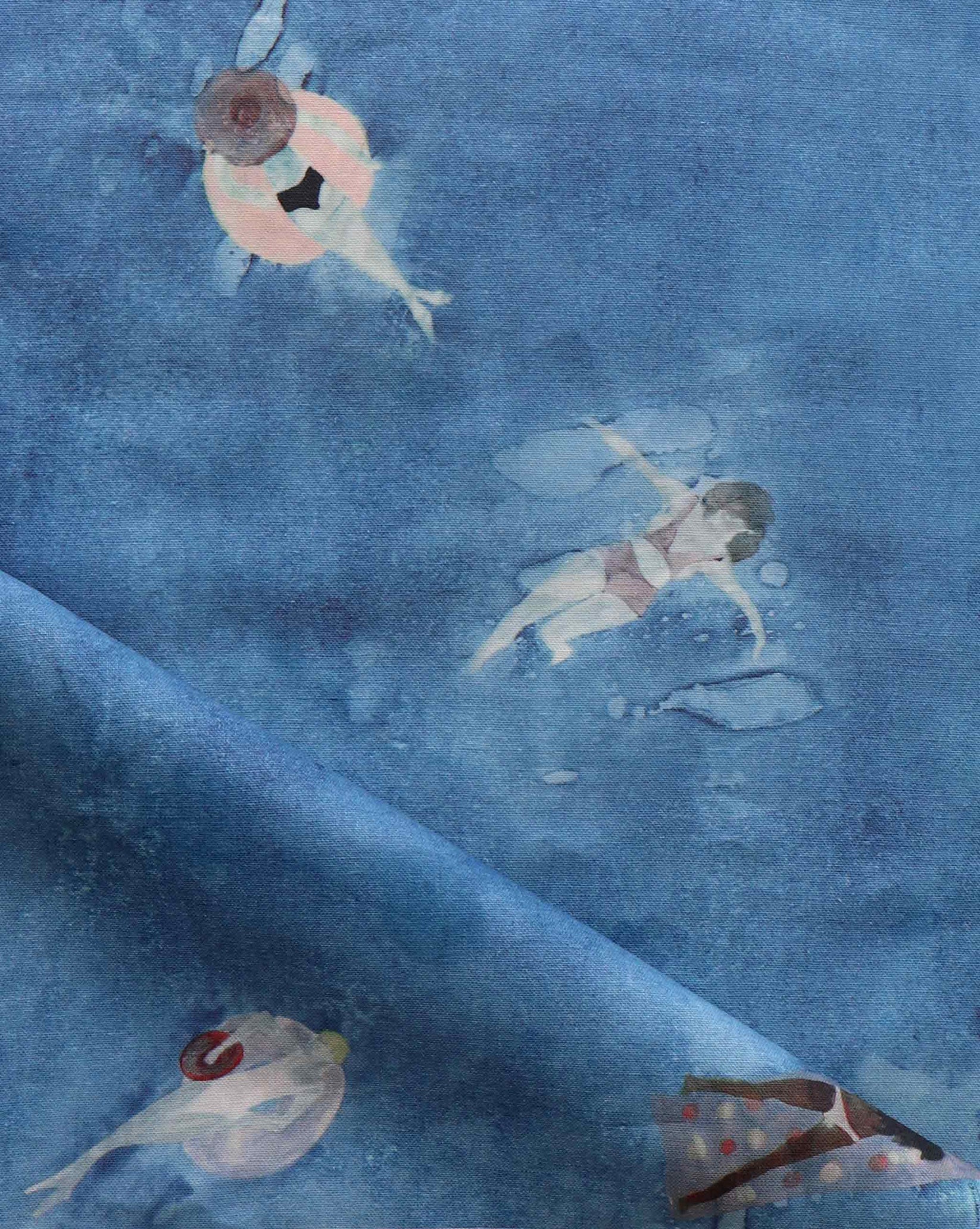 Fabric with watercolor characters swimming on a blue background