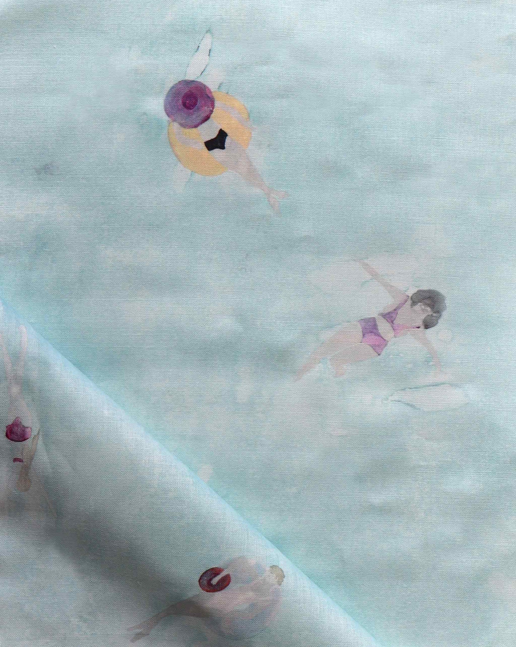 Fabric with watercolor characters swimming on a light blue background