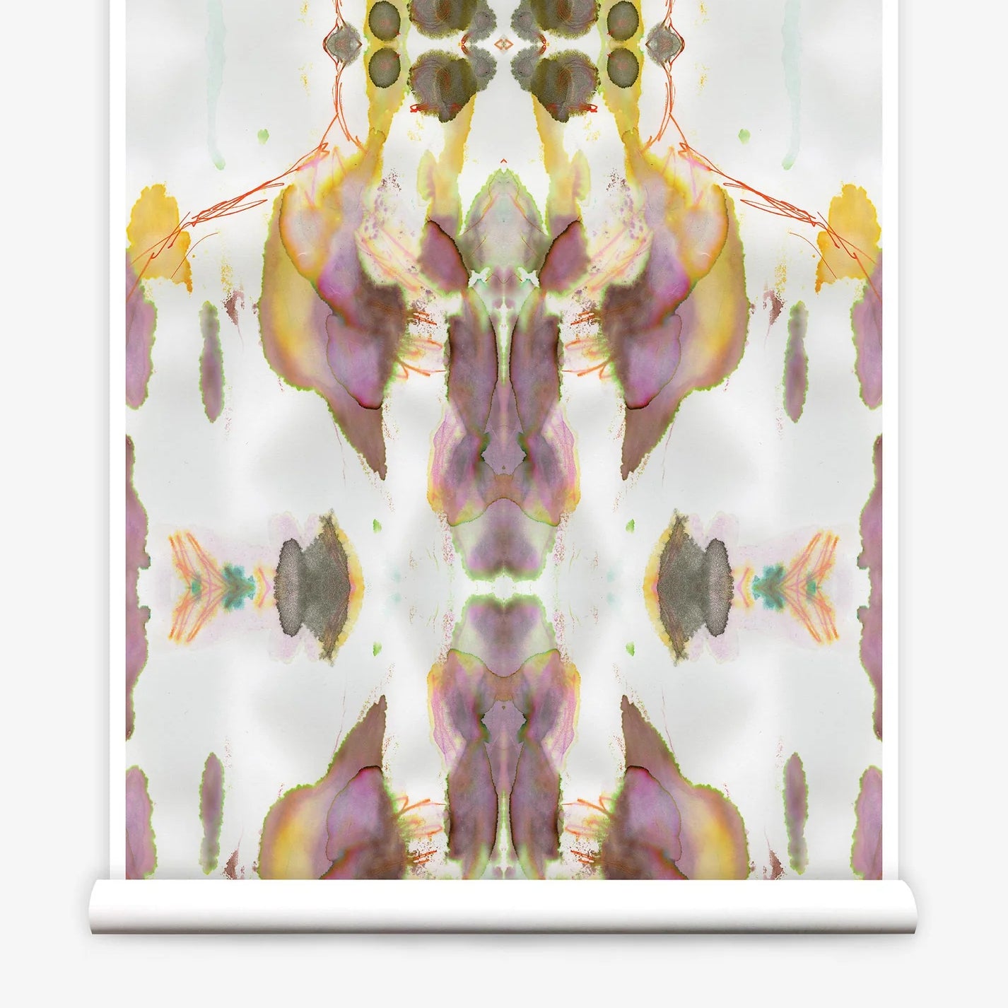 Partially unrolled wallpaper yardage in a watercolor paint blotch print in shades of gray, yellow and pink on a white field.