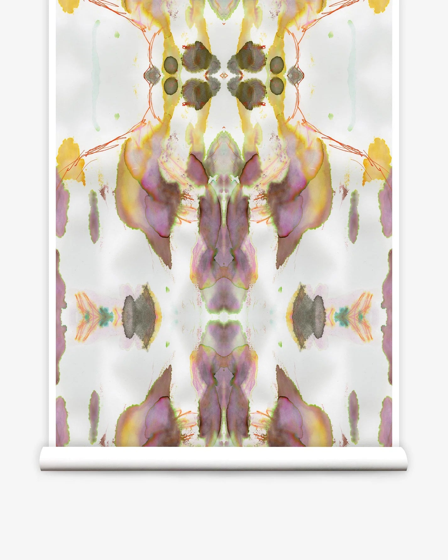 Partially unrolled wallpaper yardage in a watercolor paint blotch print in shades of gray, yellow and pink on a white field.