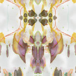 Detail of wallpaper in a watercolor paint blotch print in shades of gray, yellow and pink on a white field.