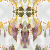 Detail of wallpaper in a watercolor paint blotch print in shades of gray, yellow and pink on a white field.