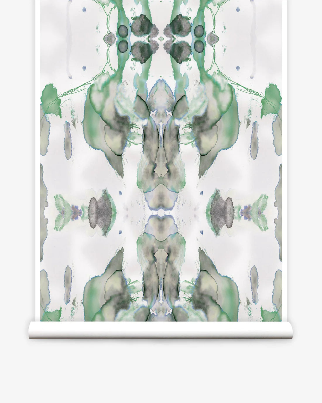 Partially unrolled wallpaper yardage in a watercolor paint blotch print in shades of gray and green on a white field.