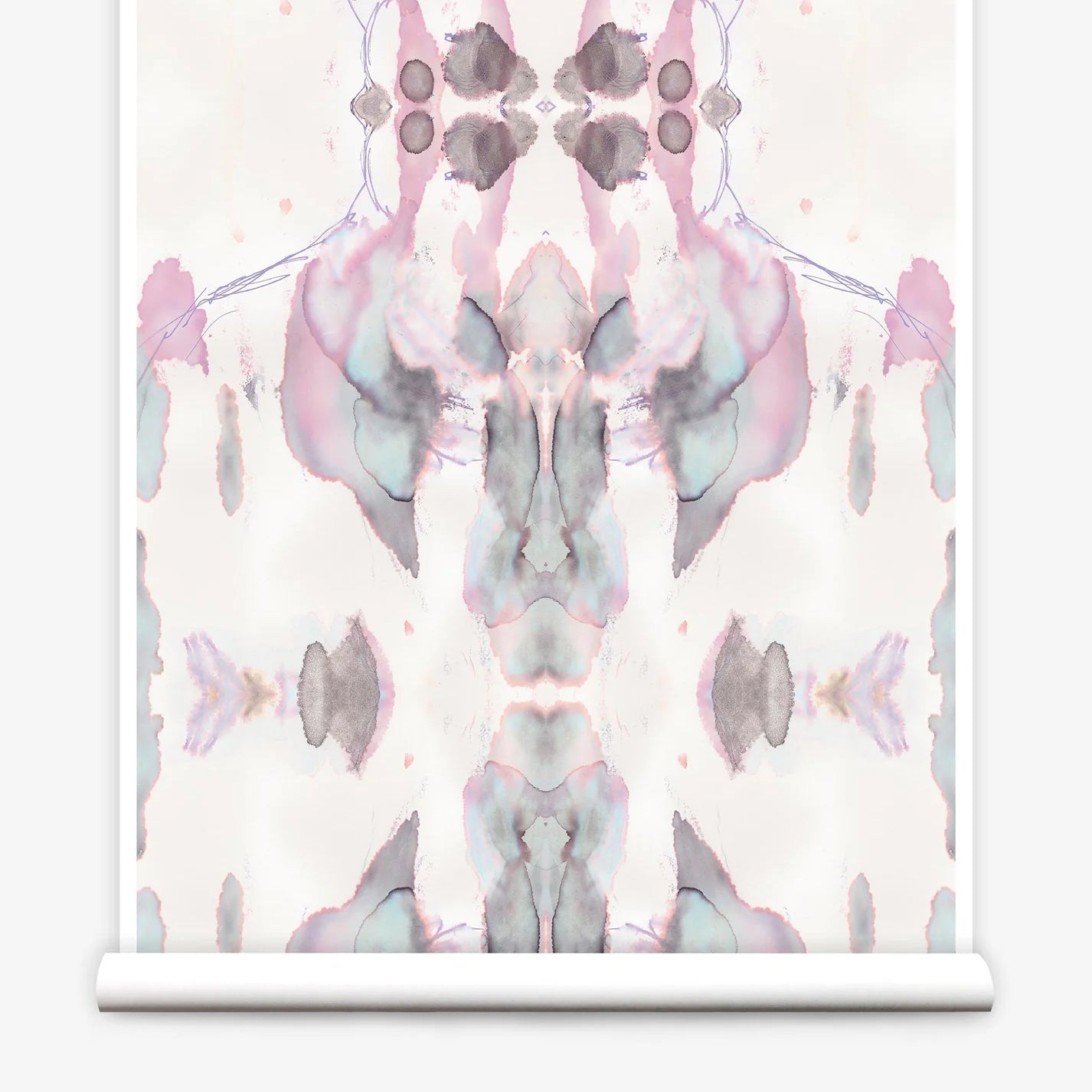 Partially unrolled wallpaper yardage in a watercolor paint blotch print in shades of gray and pink on a white field.