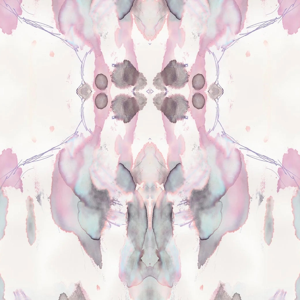 Detail of wallpaper in a watercolor paint blotch print in shades of gray and pink on a white field.