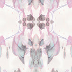 Detail of wallpaper in a watercolor paint blotch print in shades of gray and pink on a white field.