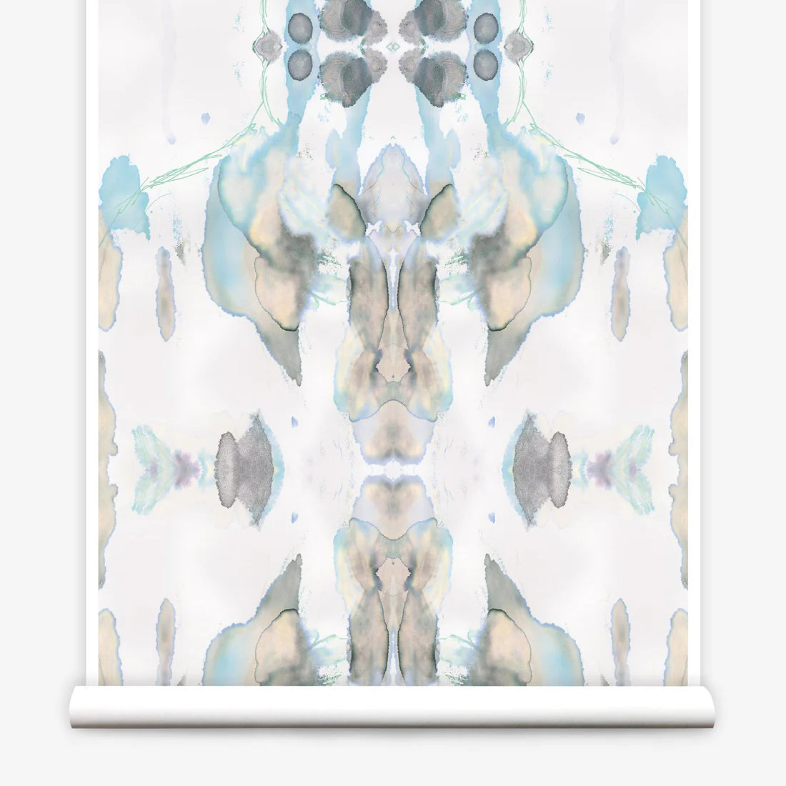 Partially unrolled wallpaper yardage in a watercolor paint blotch print in shades of gray, blue and tan on a white field.