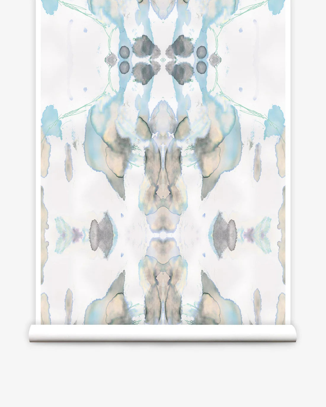 Partially unrolled wallpaper yardage in a watercolor paint blotch print in shades of gray, blue and tan on a white field.
