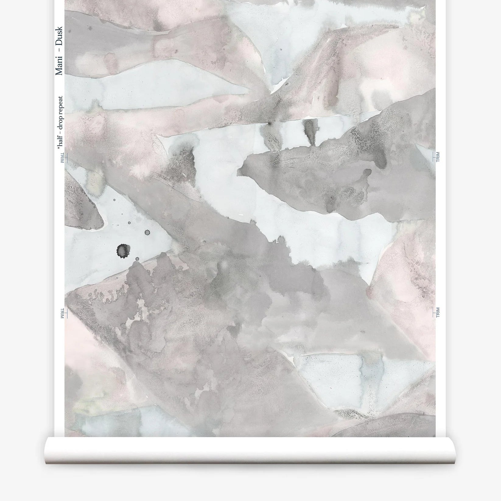 Roll of wallpaper with abstract watercolor design in shades of grey. 