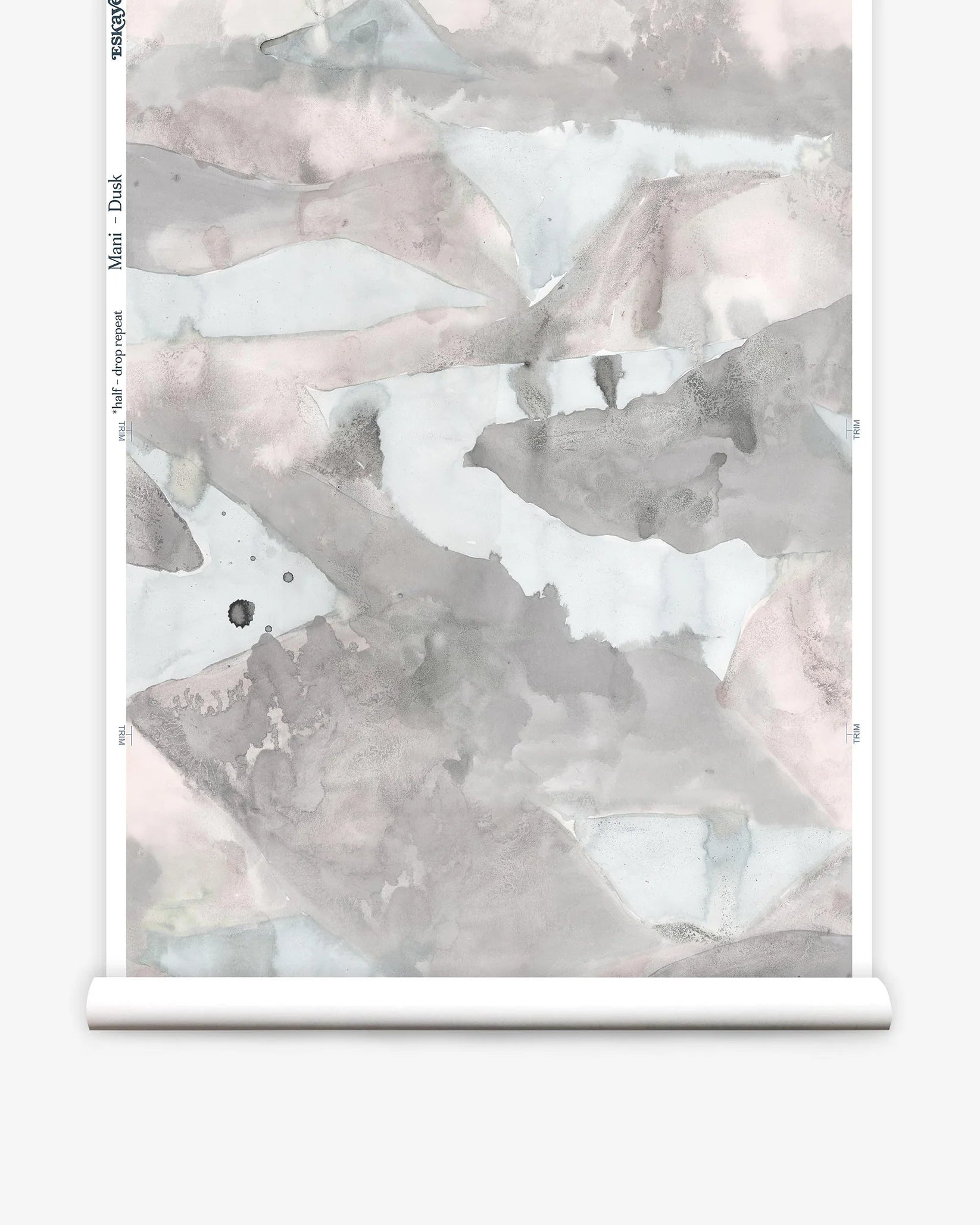 Roll of wallpaper with abstract watercolor design in shades of grey. 