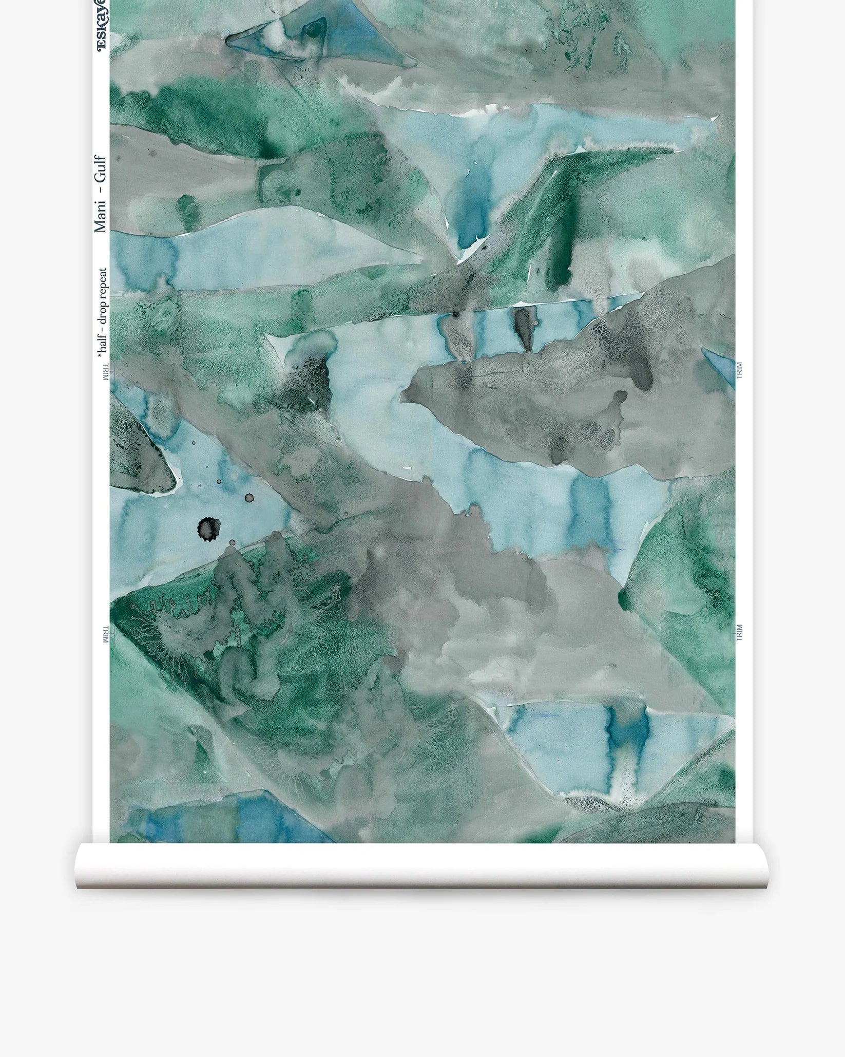 Roll of wallpaper with abstract watercolor design in shades of teal