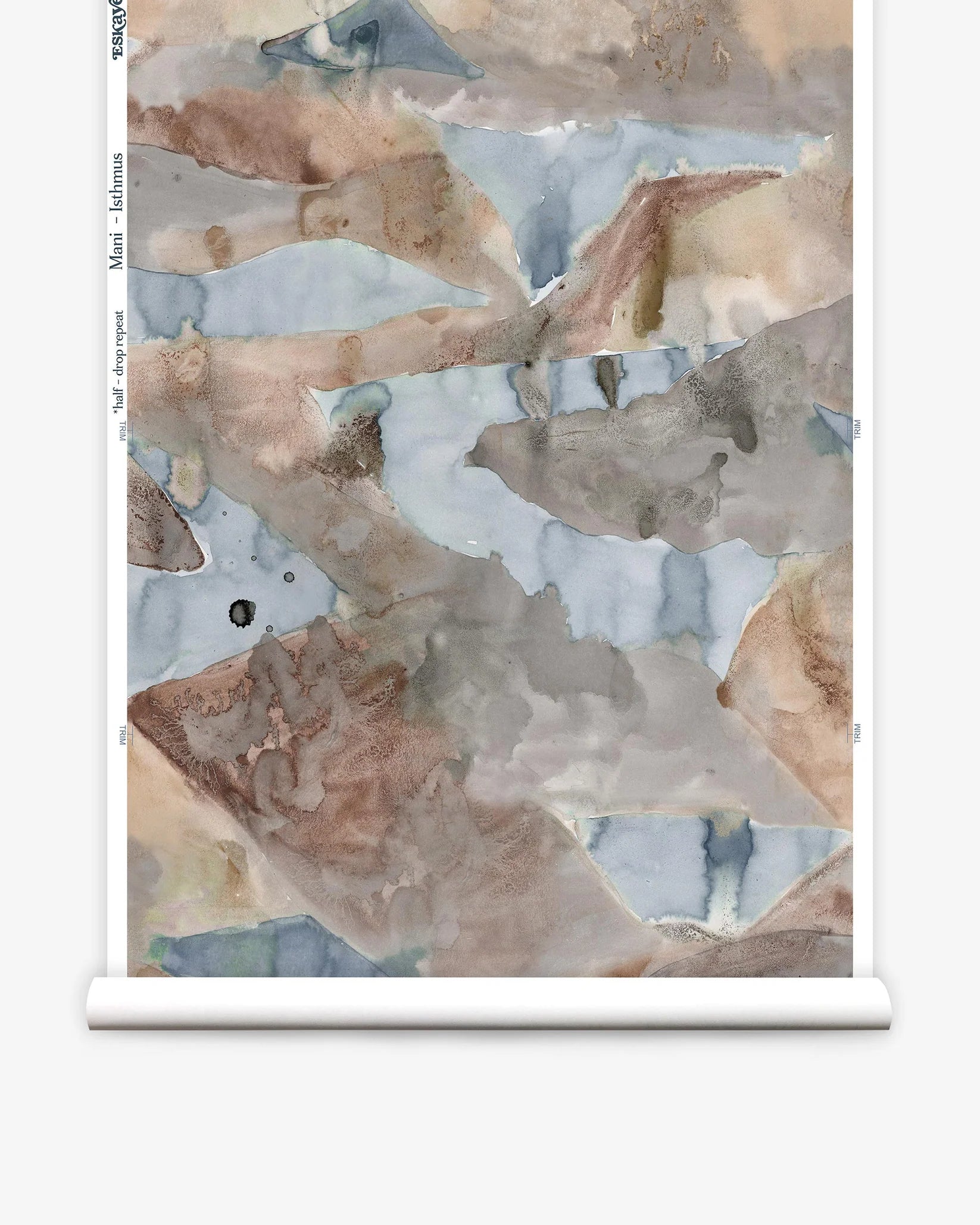 Roll of wallpaper with abstract watercolor design in shades of brown and blue.