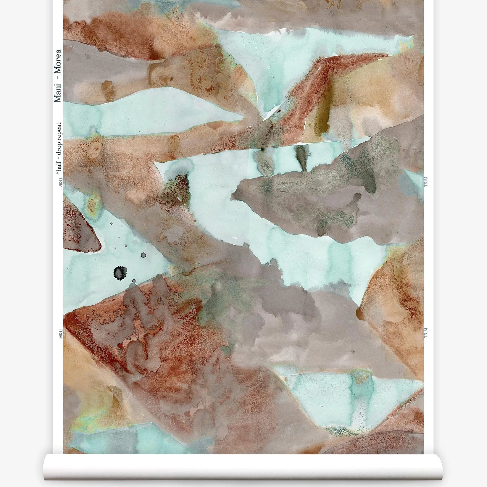 Roll of wallpaper with abstract watercolor design in shades of brown and green.