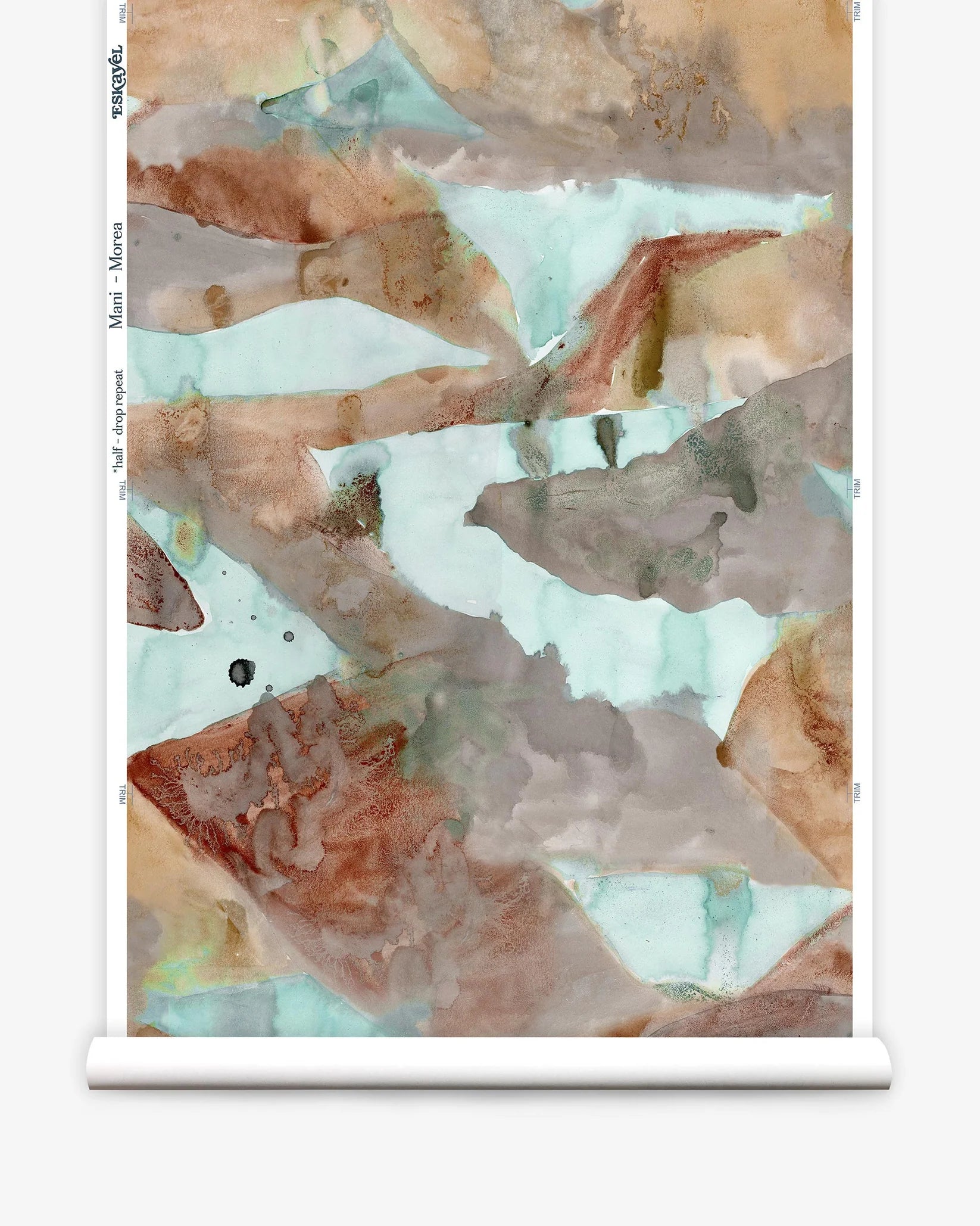 Roll of wallpaper with abstract watercolor design in shades of brown and green.