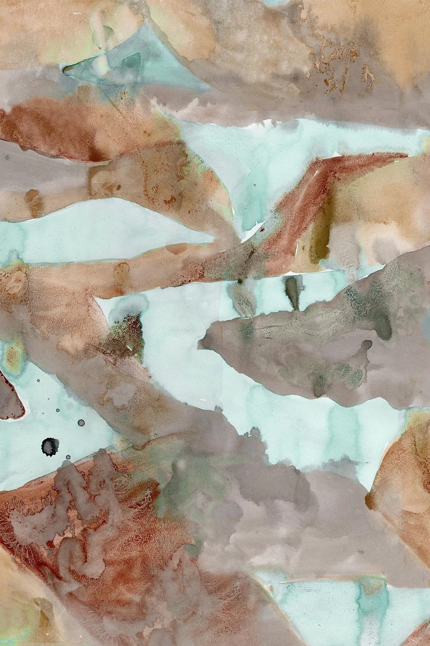 Wallpaper with abstract watercolor design in brown and aqua blue