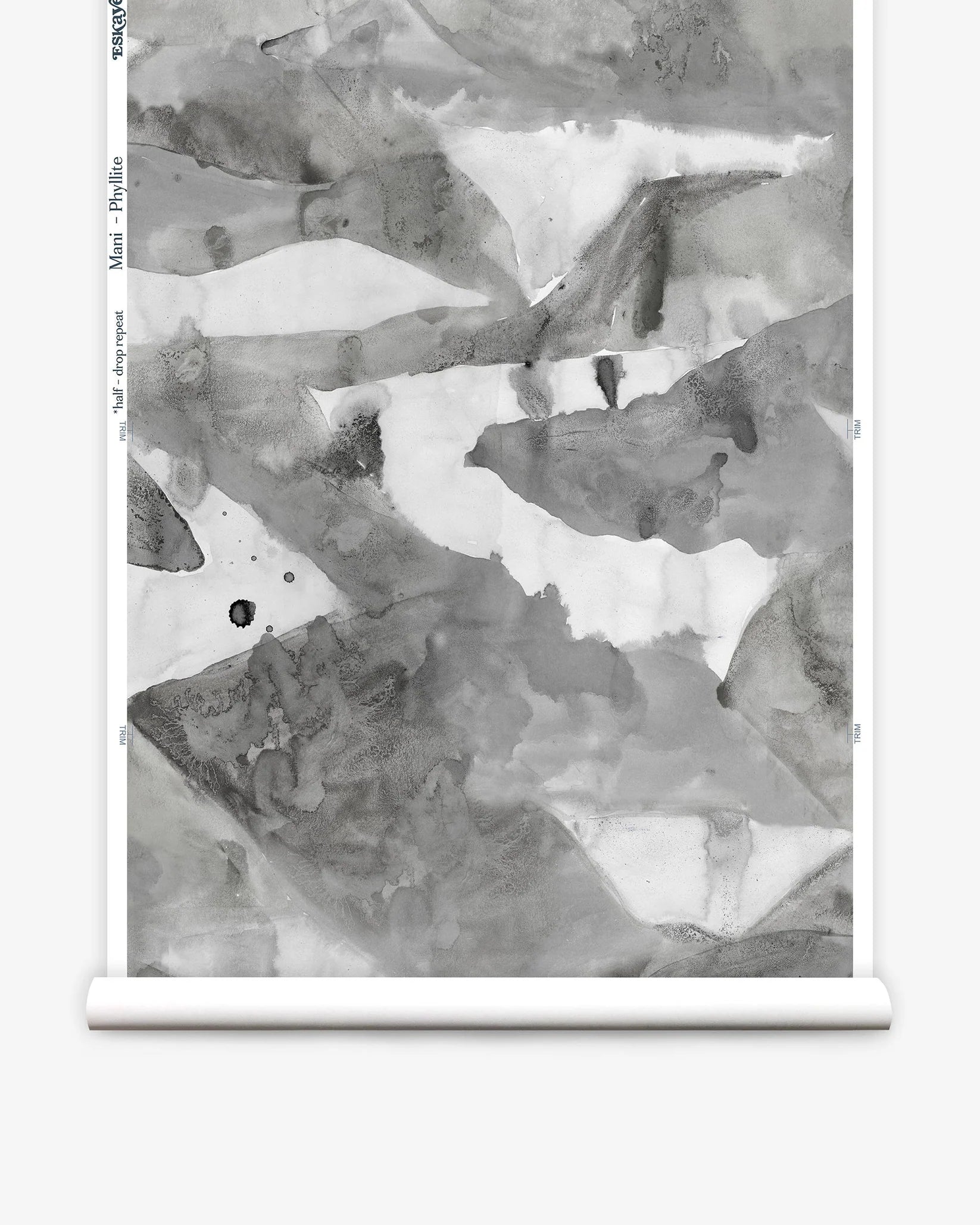 Roll of wallpaper with abstract watercolor design in shades of grey. 