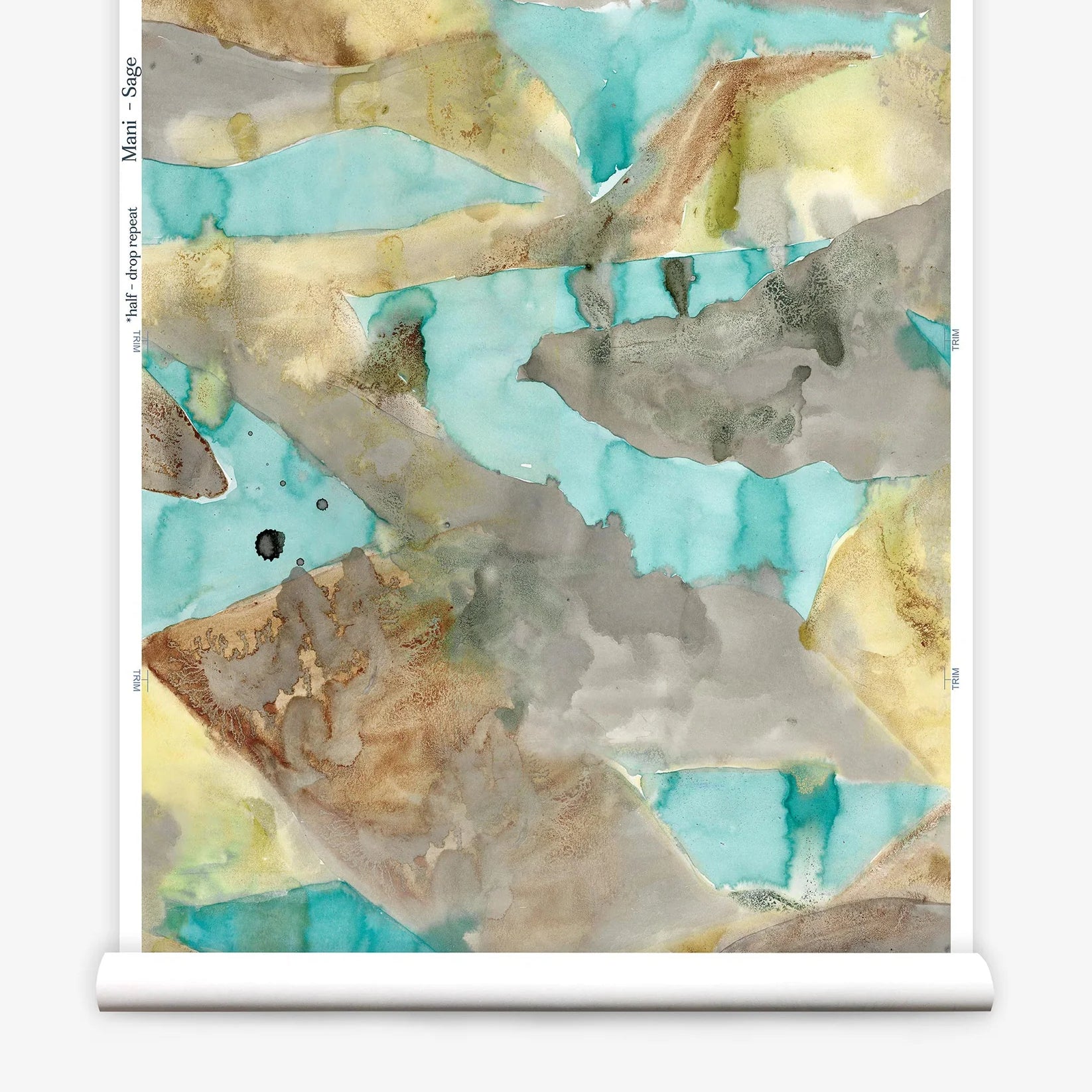 Roll of wallpaper with abstract watercolor design in shades brown, tan and turquoise.