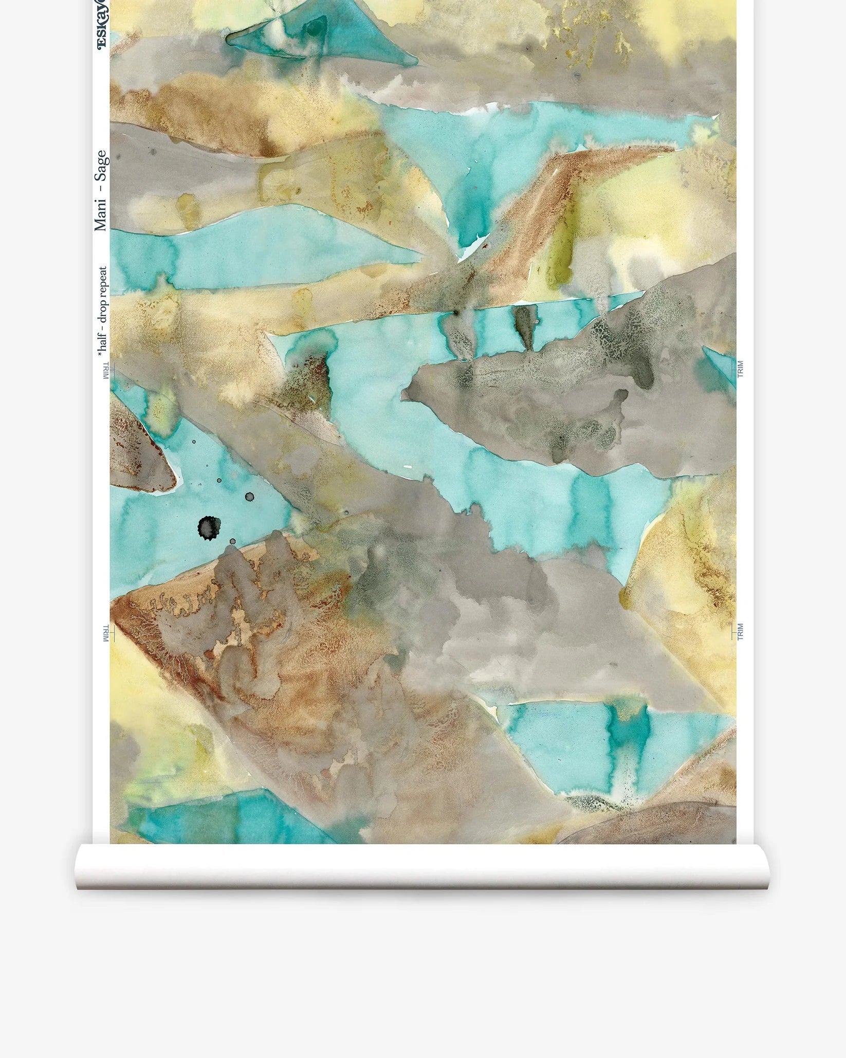 Roll of wallpaper with abstract watercolor design in shades brown, tan and turquoise.