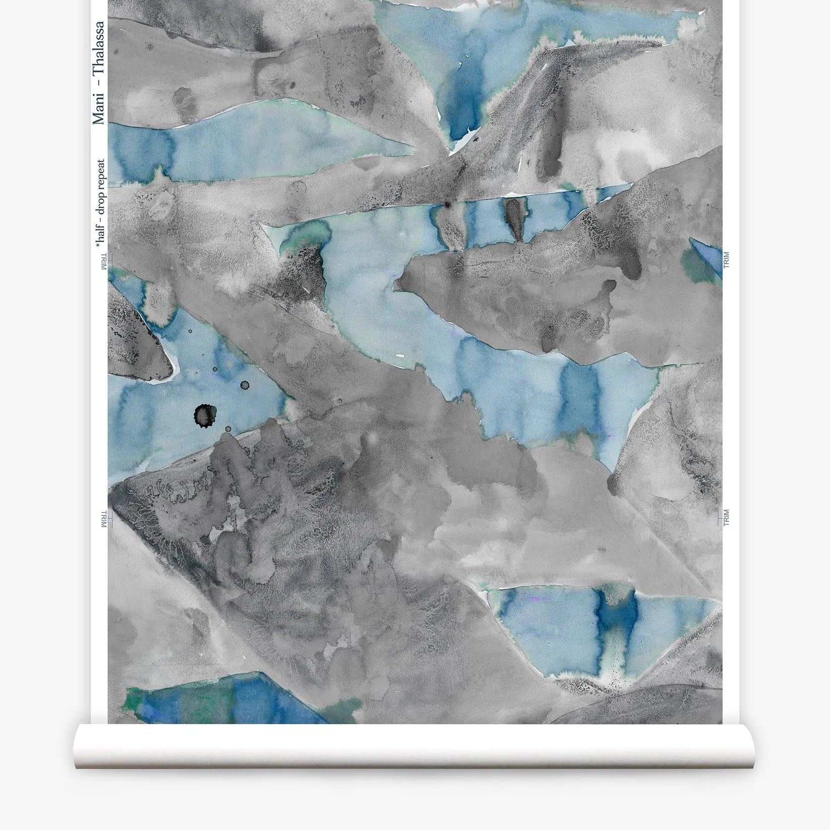 Roll of wallpaper with abstract watercolor design in shades of grey and blue.