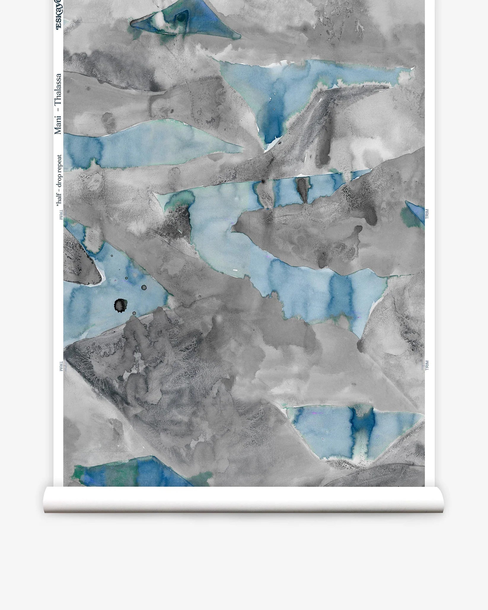 Roll of wallpaper with abstract watercolor design in shades of grey and blue.