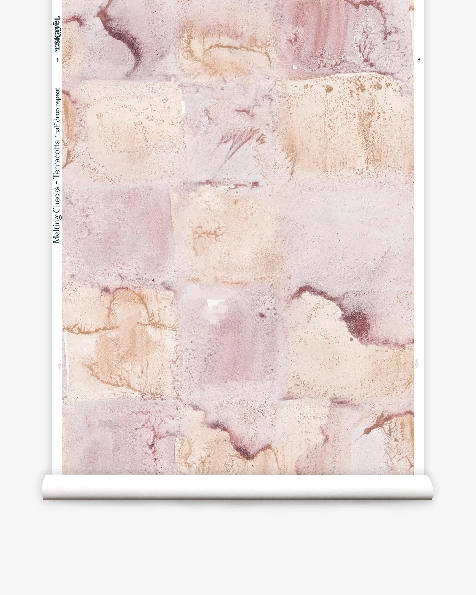 Roll of wallpaper with watercolor check pattern in pink and orange