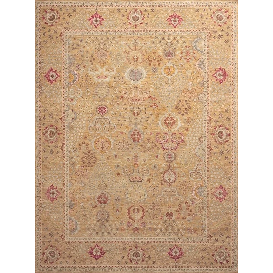 Decorative rug with intricate patterns on a beige background