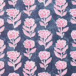 Detail of fabric in a classic floral print in pink and white on a navy field.