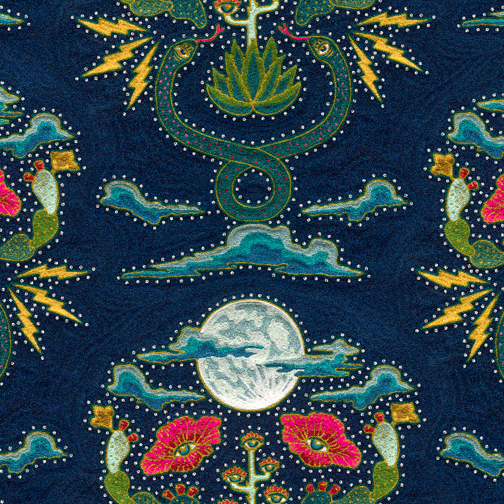 Detail of fabric in a playful snake, plant and moon print in jewel tones with rhinestone accents on a navy field. 