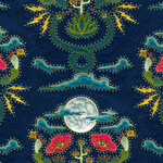 Detail of fabric in a playful snake, plant and moon print in jewel tones with rhinestone accents on a navy field. 