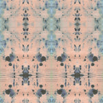 Detail of wallpaper in a watercolor ink blot print in blue and gray on a light pink field.