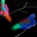 Detail of wallpaper in a painterly bird and branch print in green, yellow, pink and white on a black field.