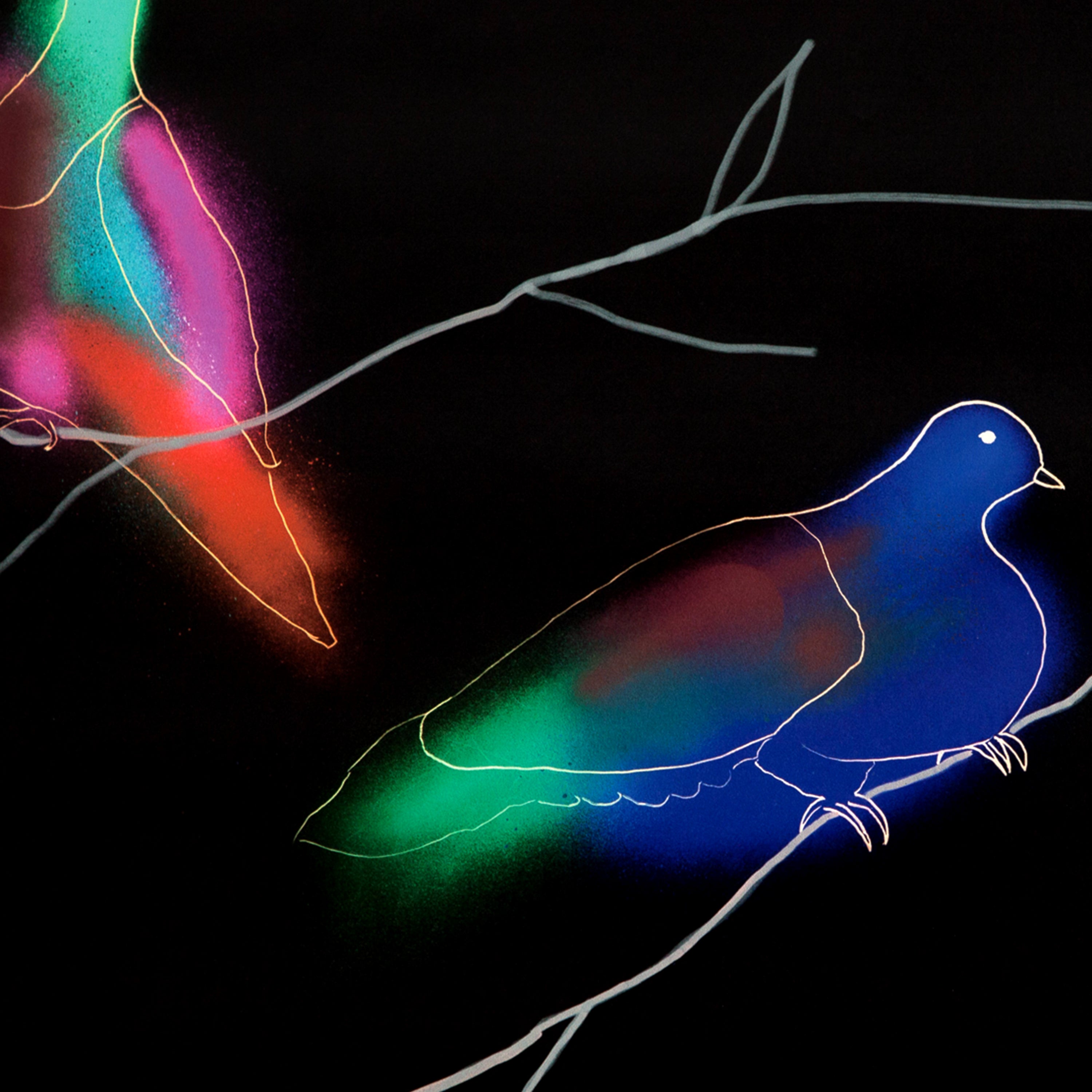 Detail of wallpaper in a painterly bird and branch print in green, yellow, pink and white on a black field.