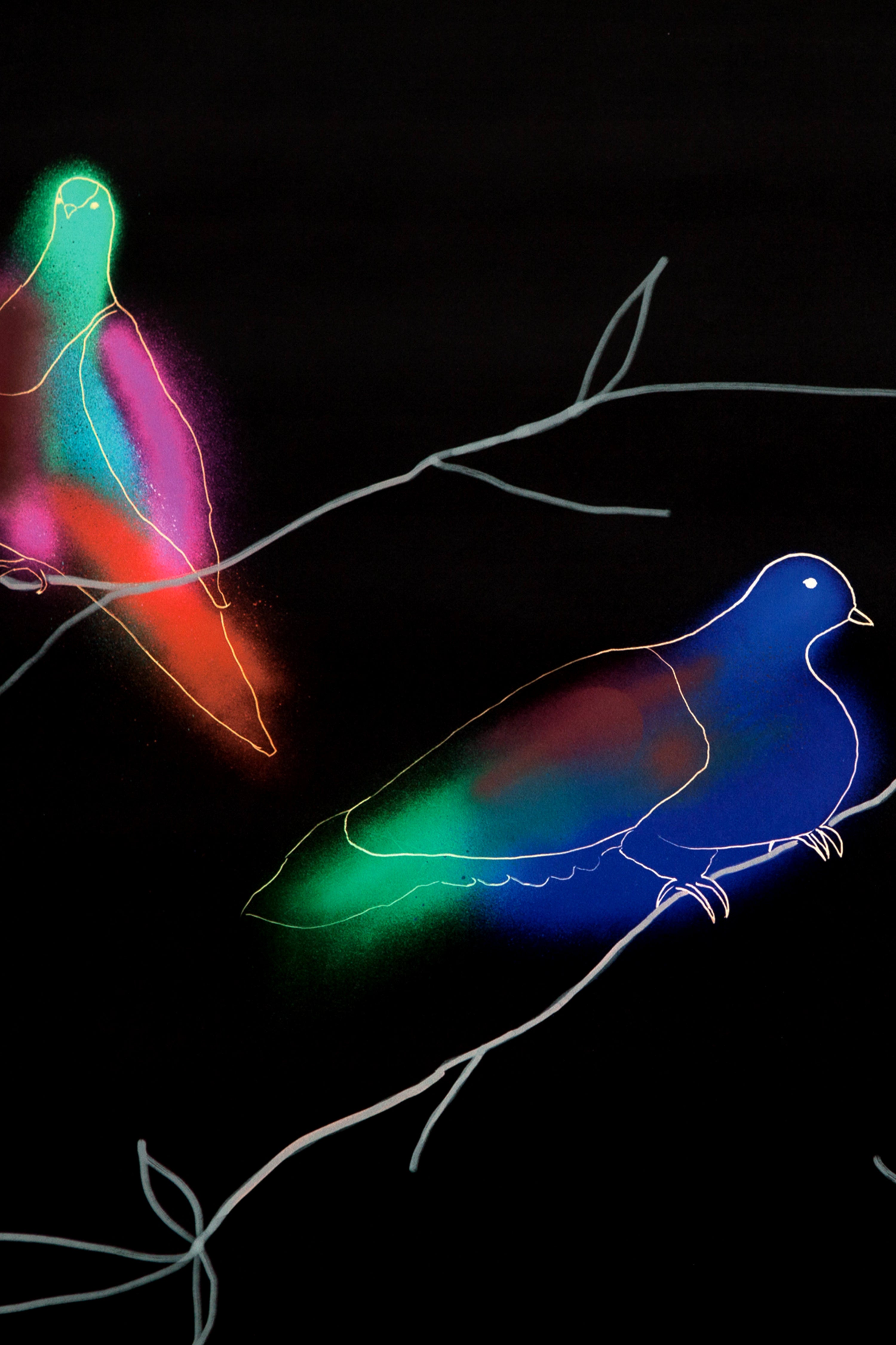 Detail of wallpaper in a painterly bird and branch print in green, yellow, pink and white on a black field.