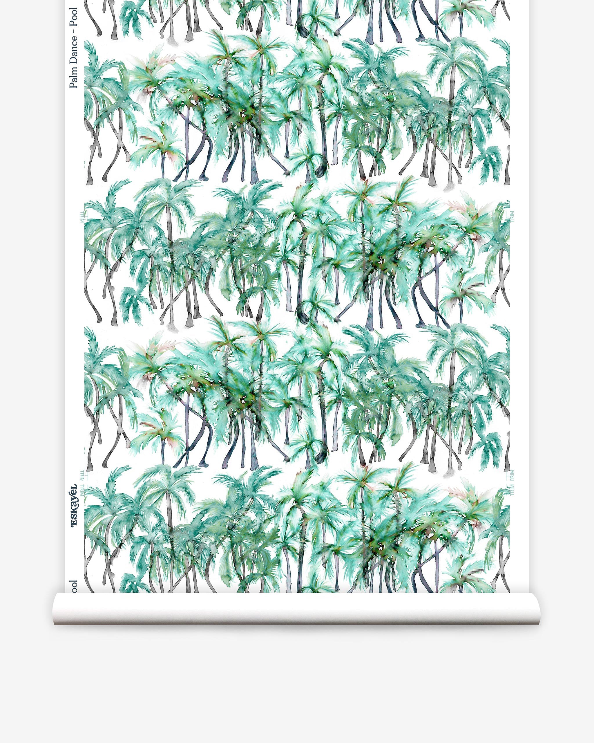 Partially unrolled wallpaper yardage in a painterly palm tree stripe print in green, gray and white.